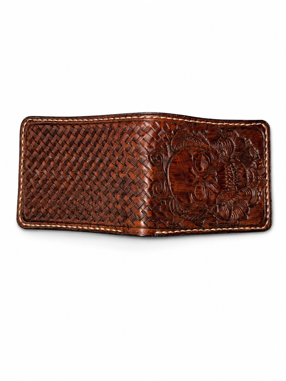 Handmade Tooled Leather Bifold Wallet Basketweave Skull Genuine Leather